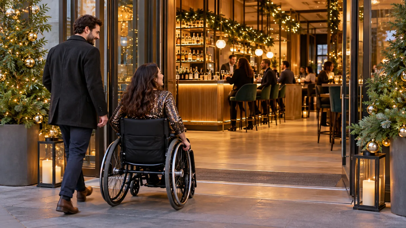 Wheelchair user and companion approaching a wide step-free decorated bar entrance