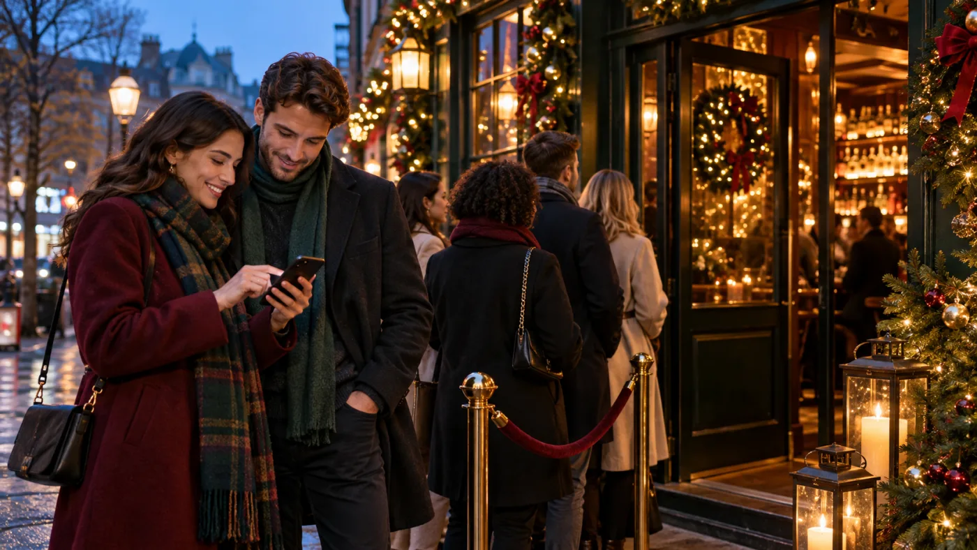 Two adults checking a schedule outside a decorated Christmas bar