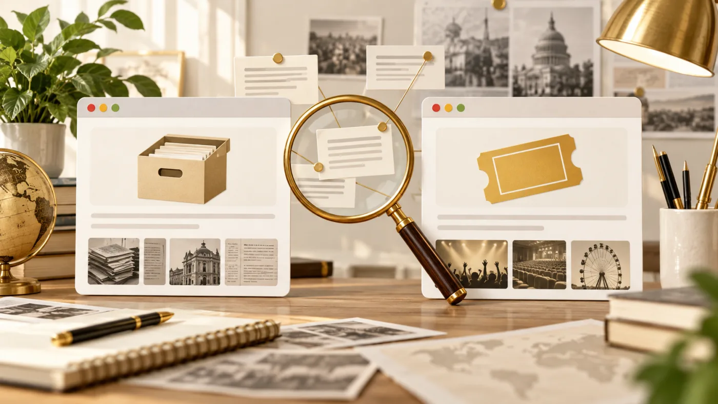 Editorial source-checking scene comparing an archive and ticket source
