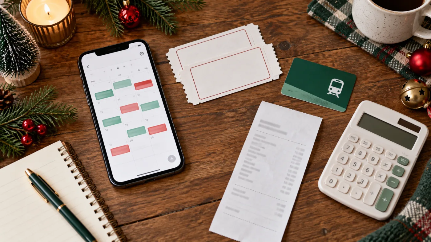 Phone calendar, blank tickets, receipt, transit card and calculator on a festive table