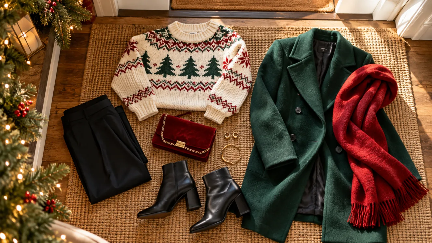 Festive sweater, coat, shoes and accessories arranged for a holiday night out