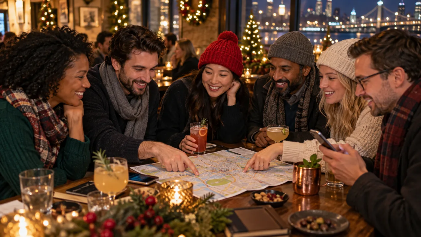 Friends planning a holiday night out around a city map