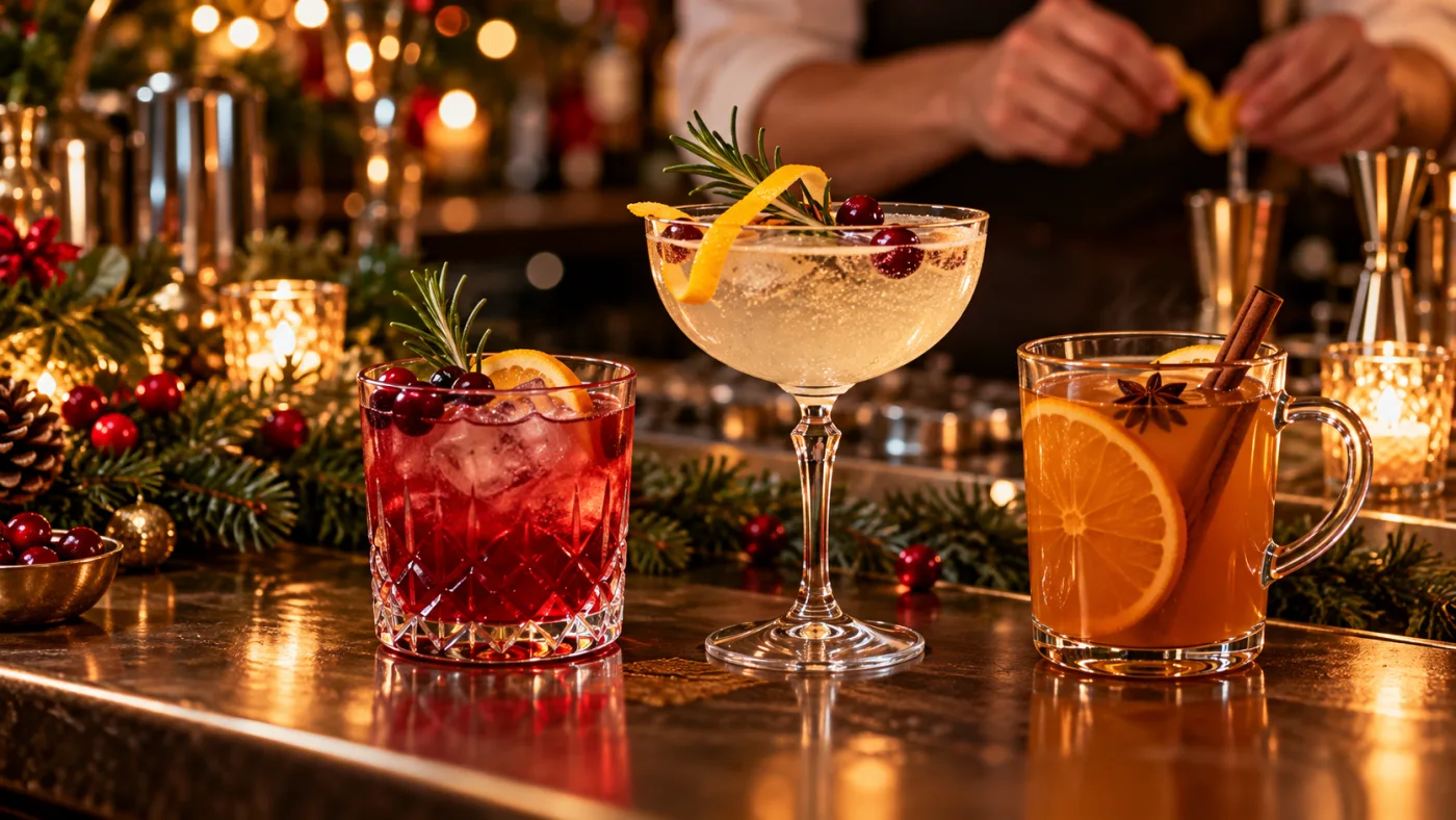 Three festive nonalcoholic holiday drinks on a decorated bar counter