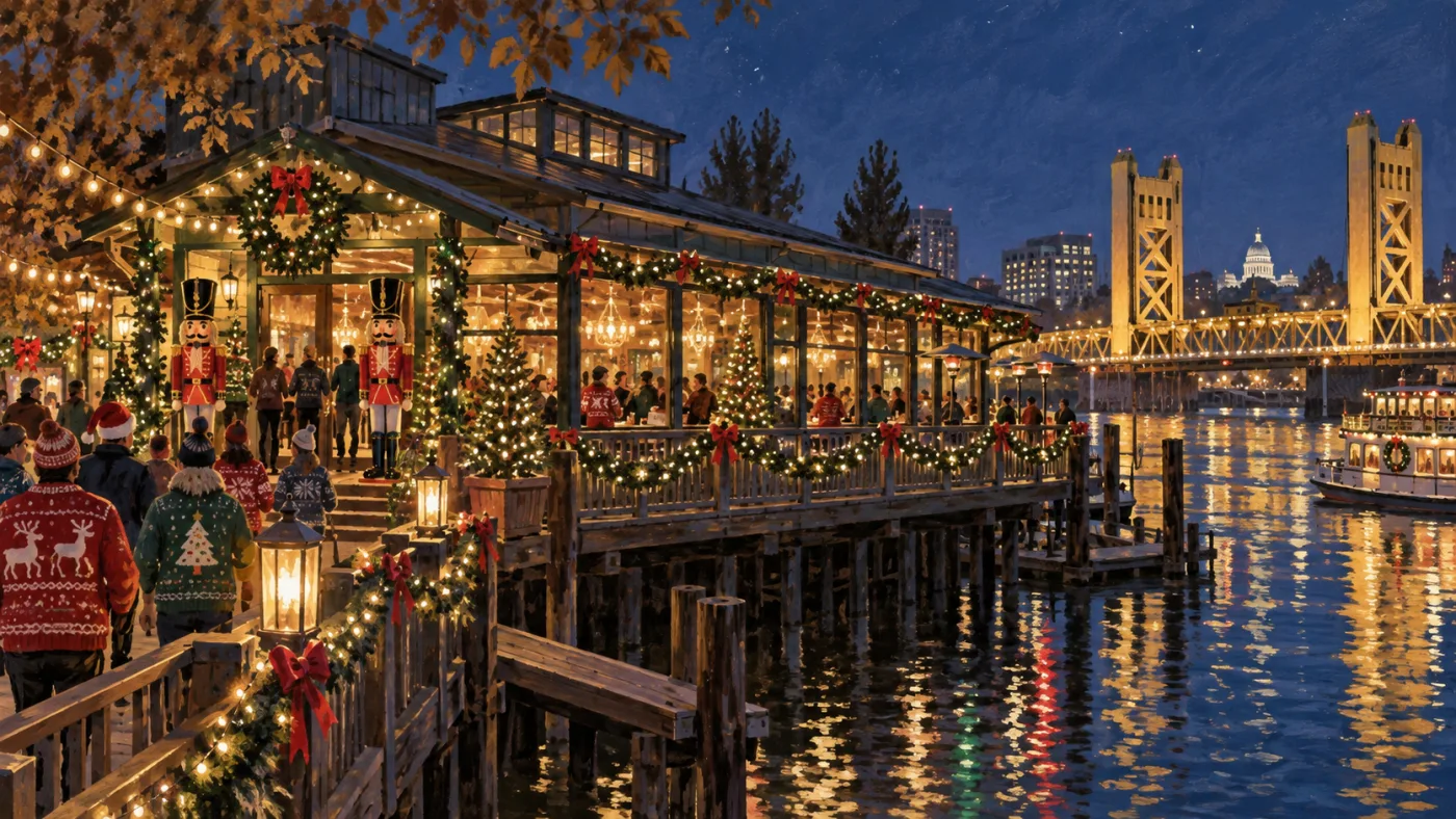 Interpretive illustration of a Sacramento riverside Christmas pop-up